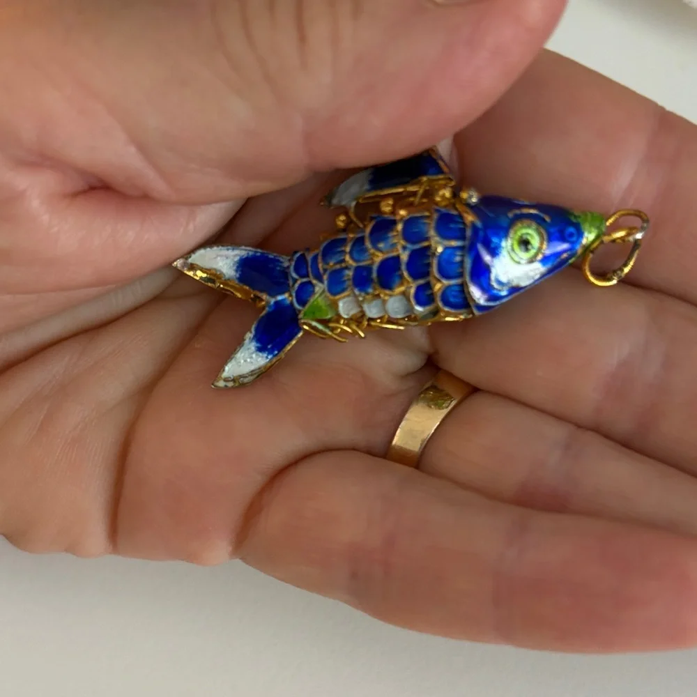 Vintage Cloisonné Blue and Gold Enamel Fish Pendant